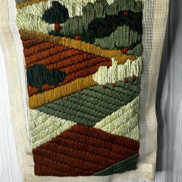 Vintage Landscape Farm Autumn Crewel Unframed MCM 26 x 12 Cottage - Picture 4 of 7